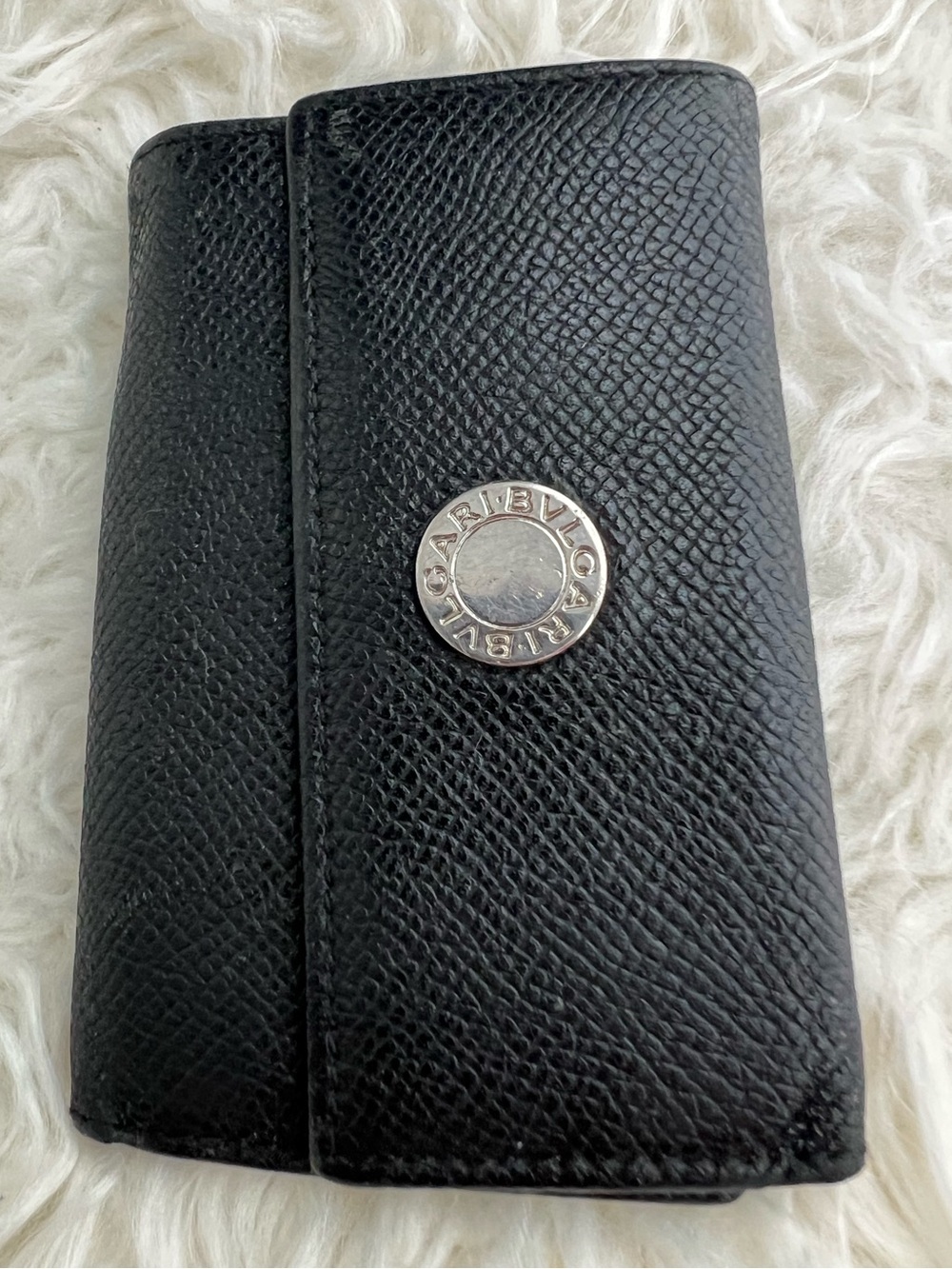 Bulgari Black Textured Leather Key Holder with Silver Logo Button